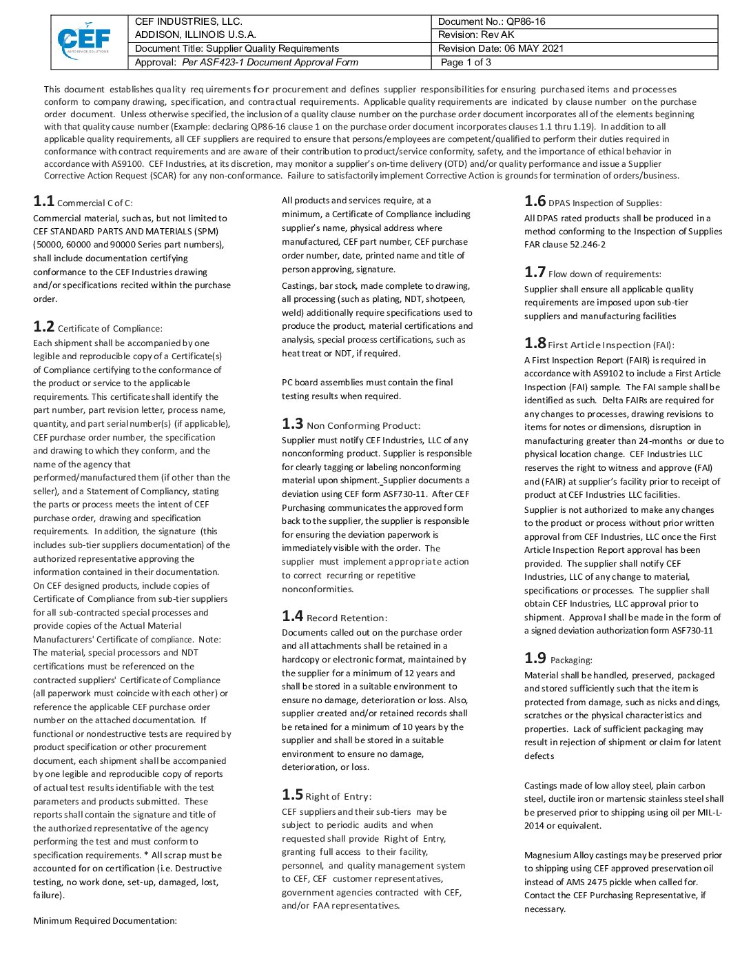 Supplier Quality Requirements